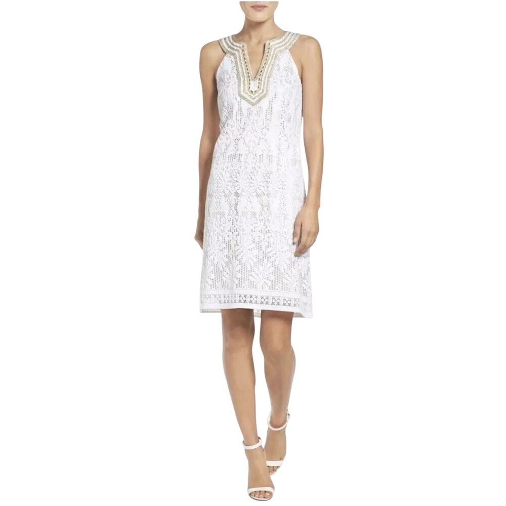 Lilly Pulitzer Womens Calera Jungle Shift Dress Size‎ 6 White Lace Gold Beaded